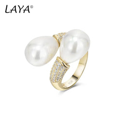 925 Sterling Silver Double Pearl Ring with Zircon for Women