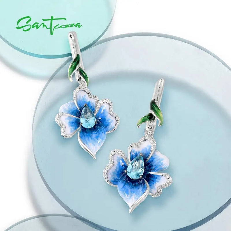 Sterling Silver Blue Flower Earrings for Women