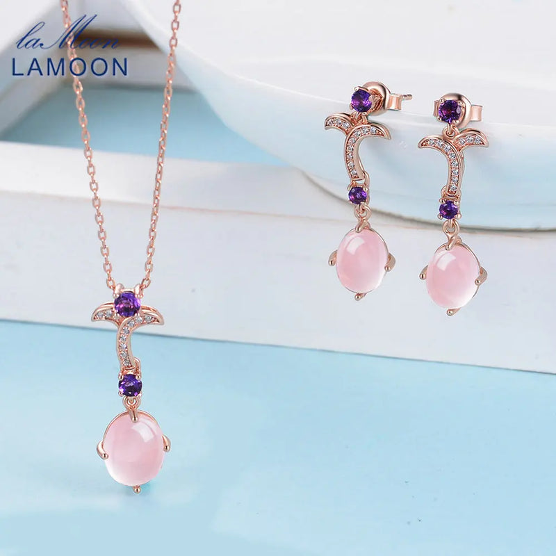 925 Sterling Silver Rose Quartz Oval Pendant Necklace Set for Her