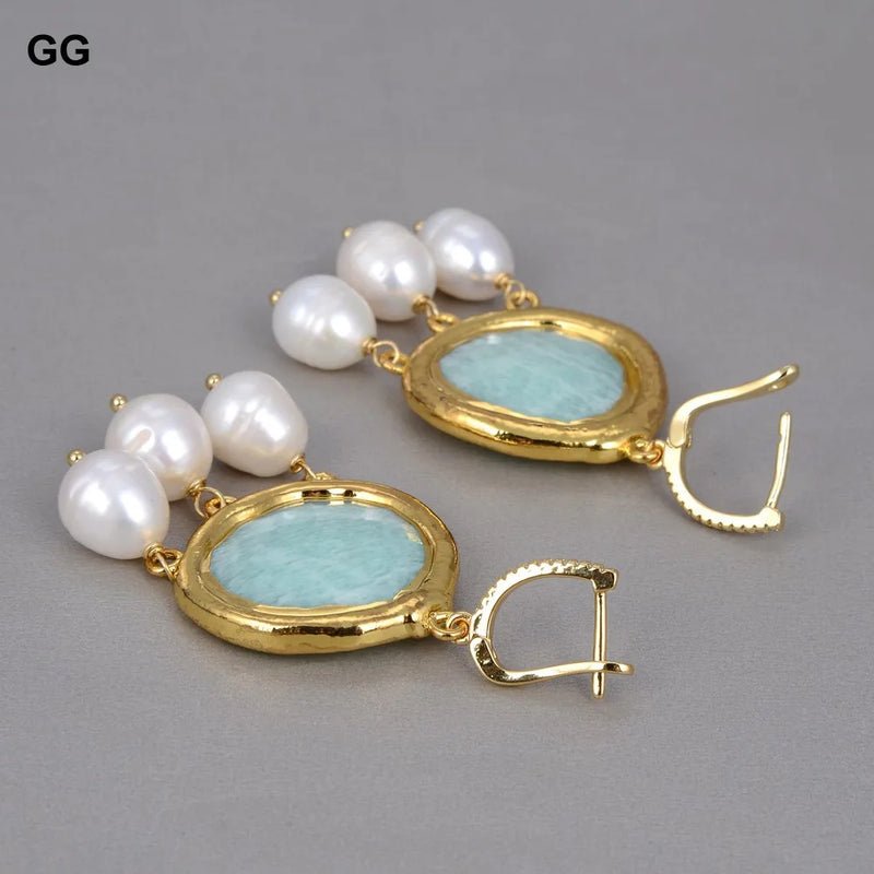 Silver Amazonite and Rice Pearl Dangle Earrings for Women