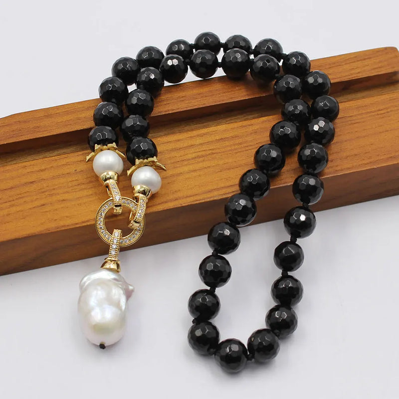 Silver Natural Black Onyx and White Keshi Pearl Necklace for Women