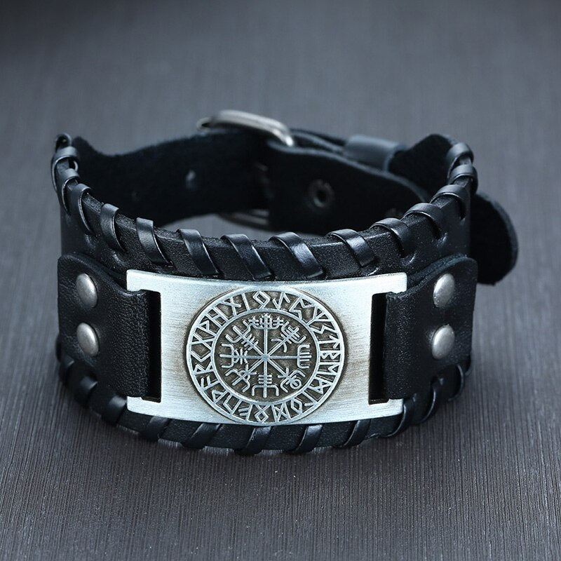 Leather Wolf Viking Compass Charm Bracelet for Men