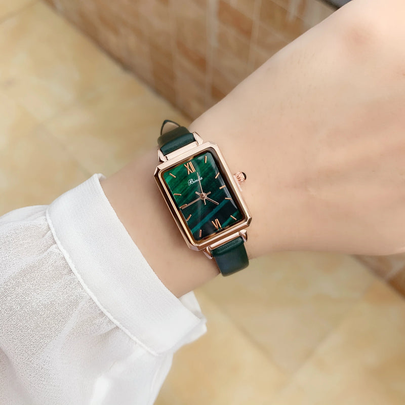 Slim, Green Rectangle Luxury Watch for Women: Quartz Movement, Waterproof, Leather Strap.