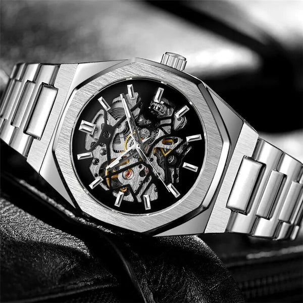 Stainless Steel Skeleton Automatic Mechanical Watch for Men