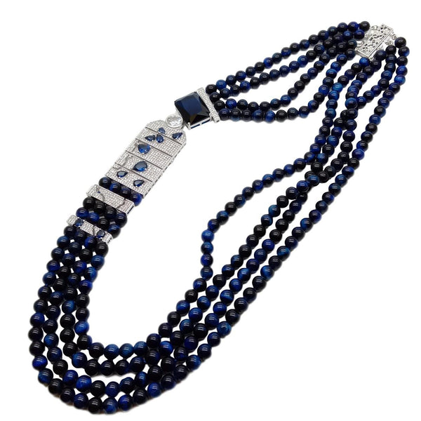YYING 20 4 strands 6mm Round Blue Tigers-Eyechoker Necklace Cubic Zirconia Pave Connector party vintage style for women\"