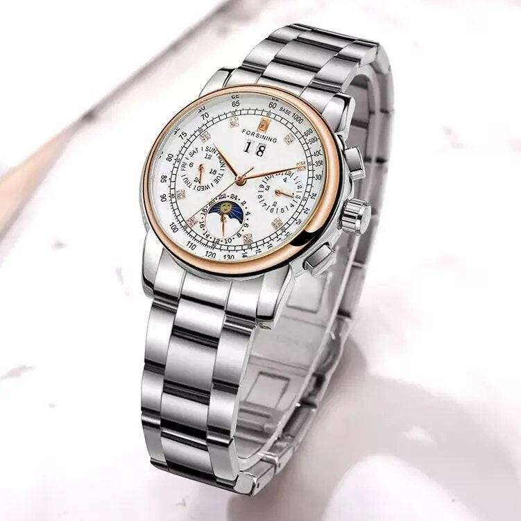 Automatic Winding Leather Strap Date Mechanical Dress Watch for Women