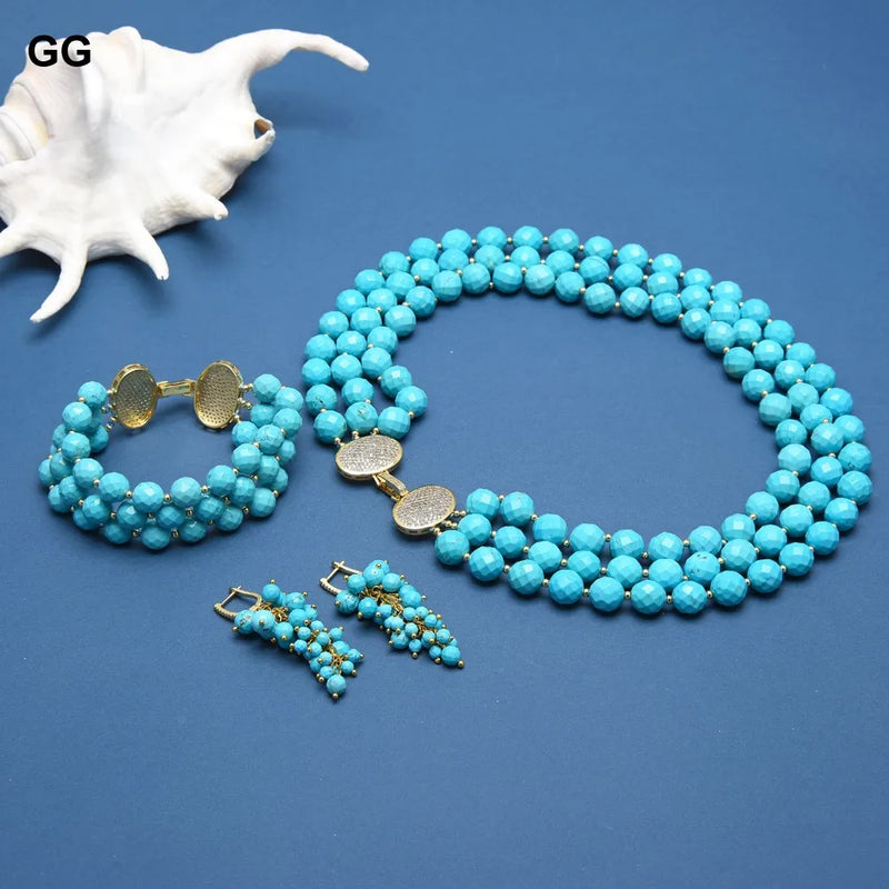 Sterling Silver Blue Turquoise Necklace Jewelry Set For Women