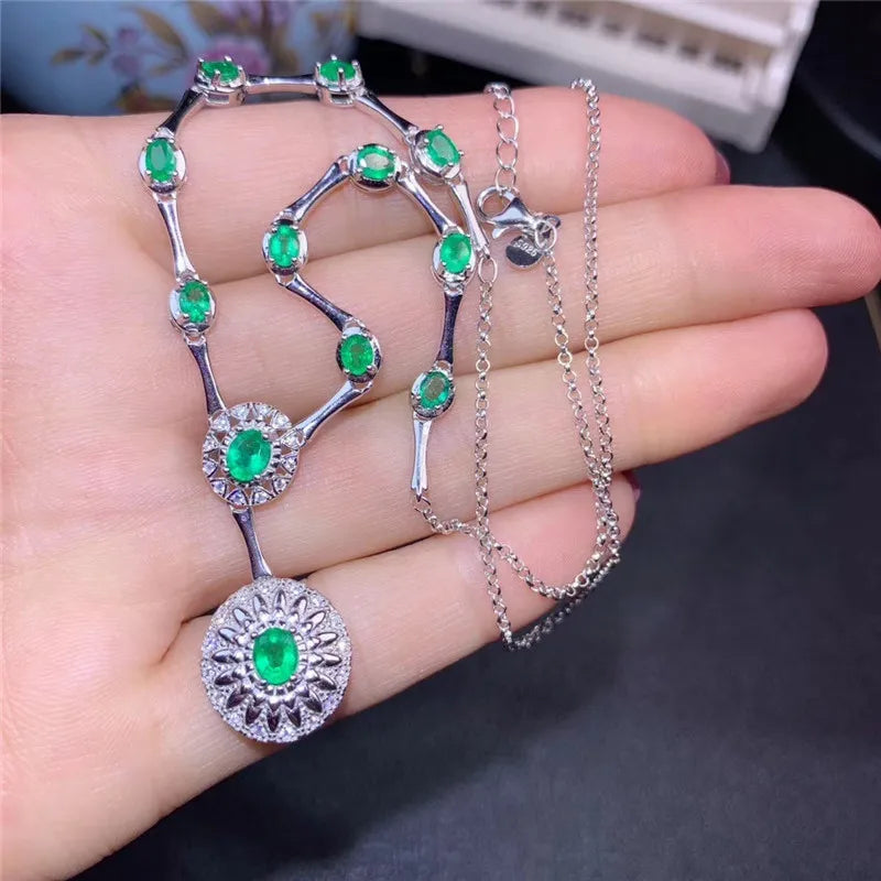 925 Sterling Silver Natural Emerald Pendant Necklace for Women