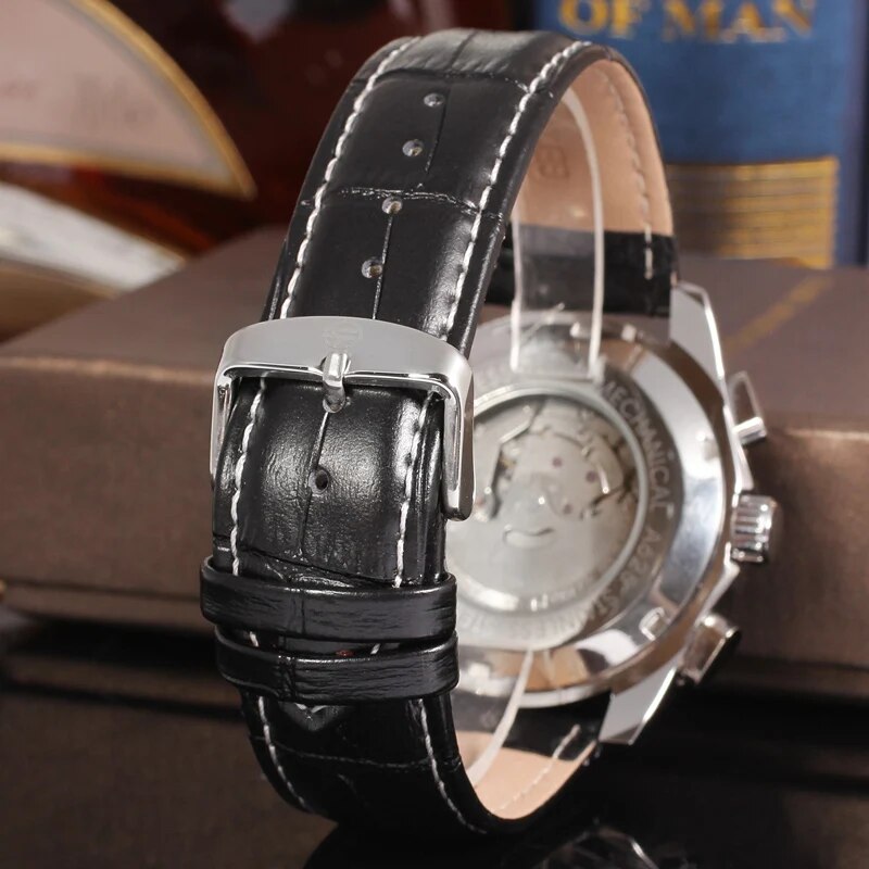 Stainless Steel Leather Band Automatic Wristwatch with Three Dials Date and Day Calendar for Men