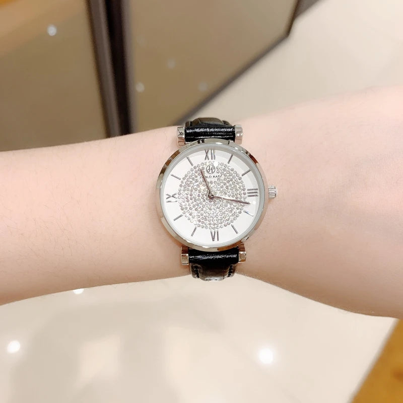 Luxury Women's Leather Quartz Diamond Dress Watch in Feminine Style