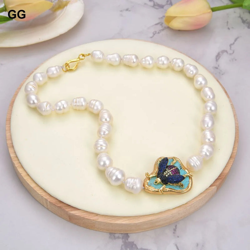 Sterling Silver Cultured White Pearl & Blue Turquoise Insect CZ Pave Choker Necklace for Women