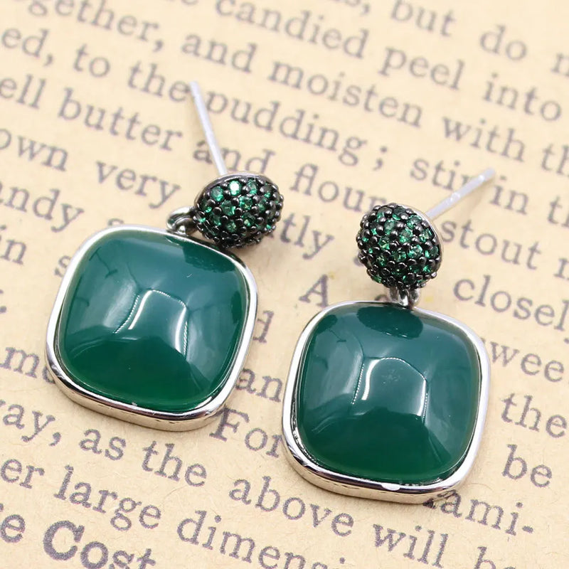 925 Silver Green Agate Stud Earrings with CZ for Women