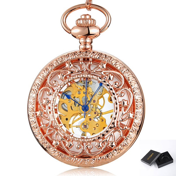 Gold Skeleton Hollow Pocket Watch with FOB Chain for Mens and Womens