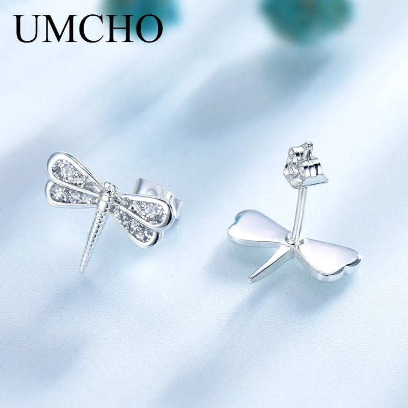 Sterling Silver White Zircon Dragonfly Stud Earrings for Women