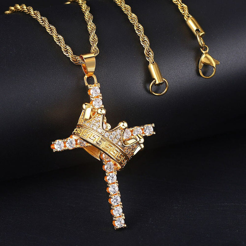 Silver Bling Zircon Diamonds Gemstones Crown & Cross Pendant Necklace for Men