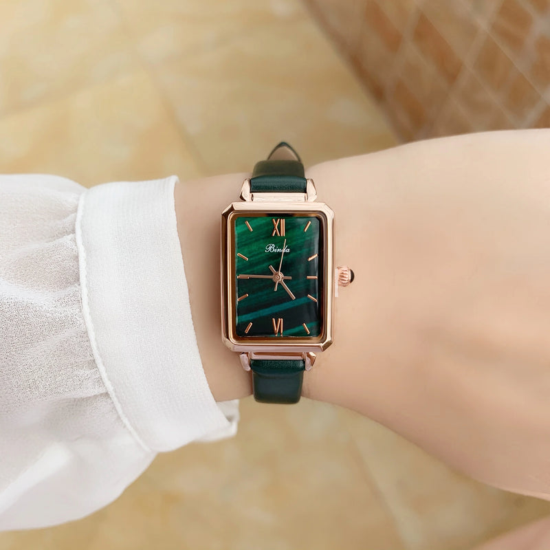 Slim, Green Rectangle Luxury Watch for Women: Quartz Movement, Waterproof, Leather Strap.