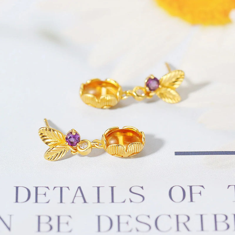 Sterling Silver Citrine Drop Earrings Leaf Shape for Women