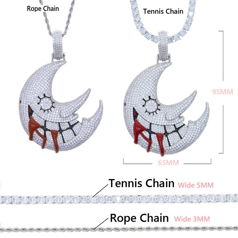 Sterling Silver 5A CZ Cubic Zircon Mouth Face Pendant Tennis Chain Necklace for Men