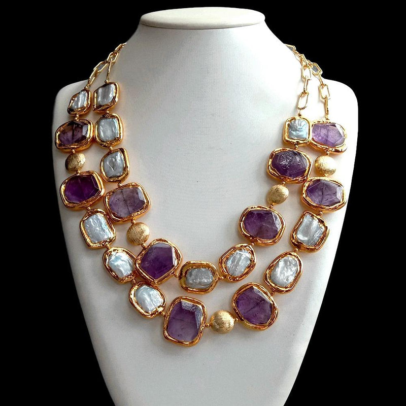 Gold Plated Cultured White Keshi Pearls & Amethyst Chunk Necklace for Women