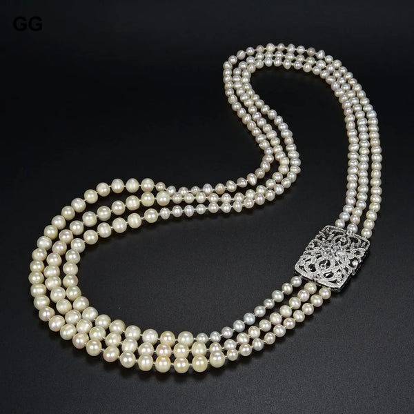 Silver or Gold Plated 3 Strand Natural White Pearl CZ Connector Long Necklace For Lady