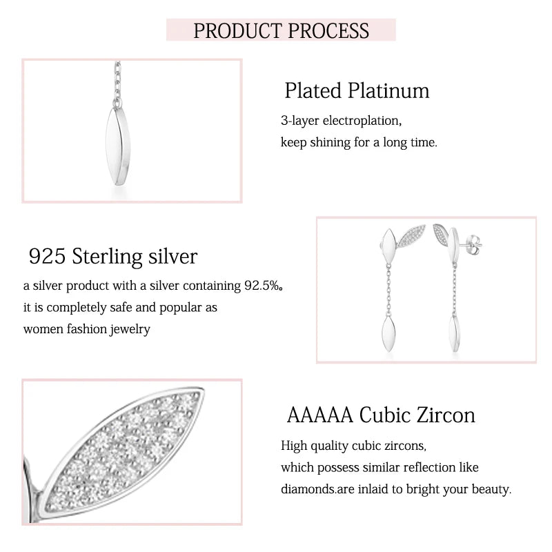 925 Sterling Silver Shining Zircon Irregular Leaf Drop Earrings For Women