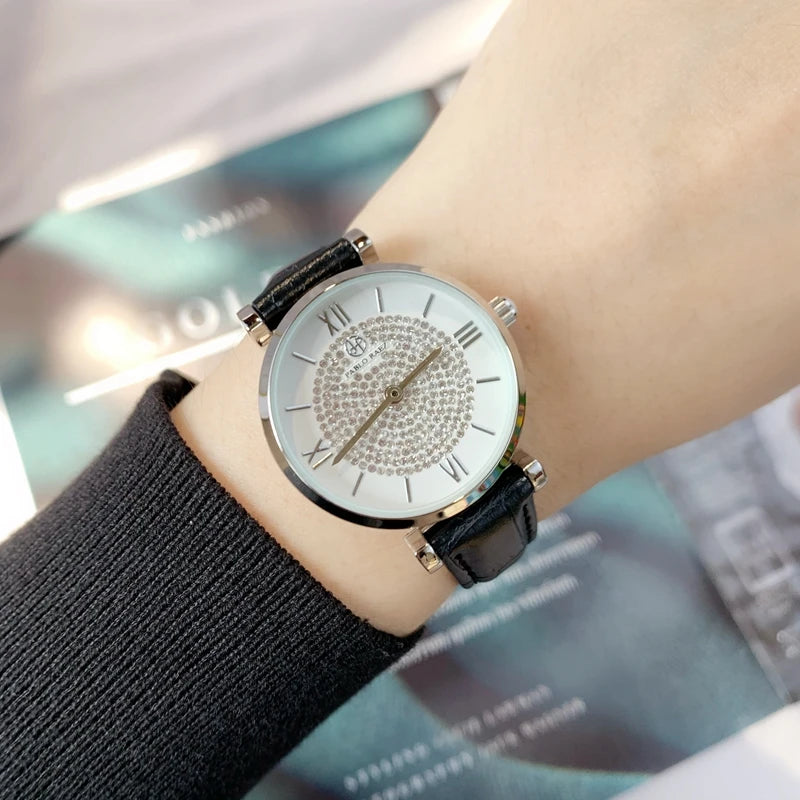 Luxury Full Diamond Casual Model Lady's Wristwatch with Quartz Movement and Leather Band.