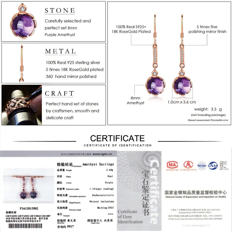 925 Sterling Silver Rose Gold Plated Amethyst Drop Earrings for Women