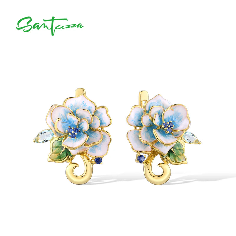 925 Sterling Silver Blue Flower Zirconia Enamel Jewelry Set for Women