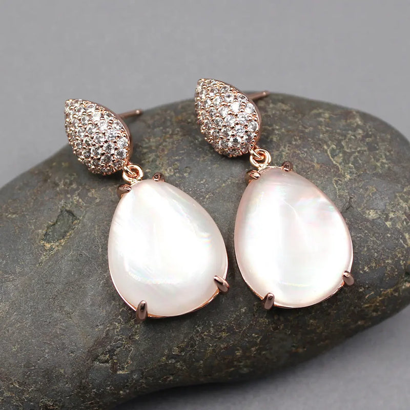 Sterling Silver Pink Quartz Crystal and Shell Cubic Zirconia Pave Dangle Earrings for Women