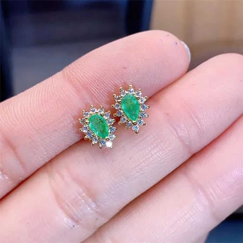 Sterling Silver 925 Natural Emerald Stud Earrings for Women