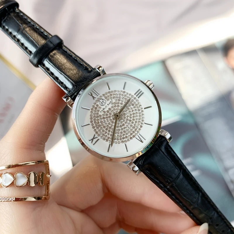 Luxury Full Diamond Casual Model Lady's Wristwatch with Quartz Movement and Leather Band.