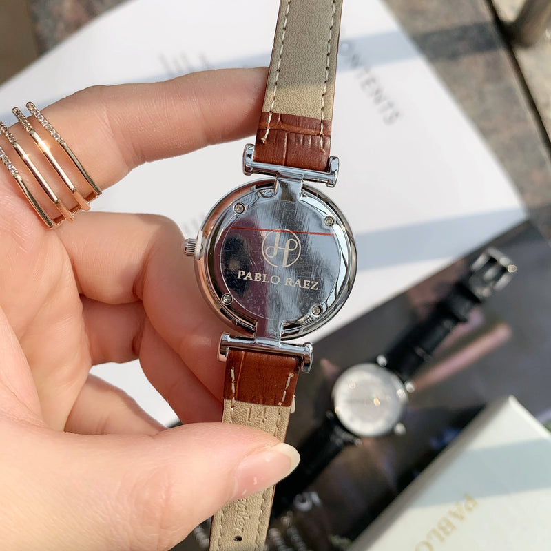 Luxury Women's Leather Quartz Diamond Dress Watch in Feminine Style