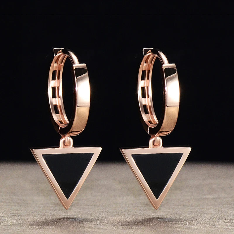 18K Rose Gold Black Agate Triangle Earrings for Women