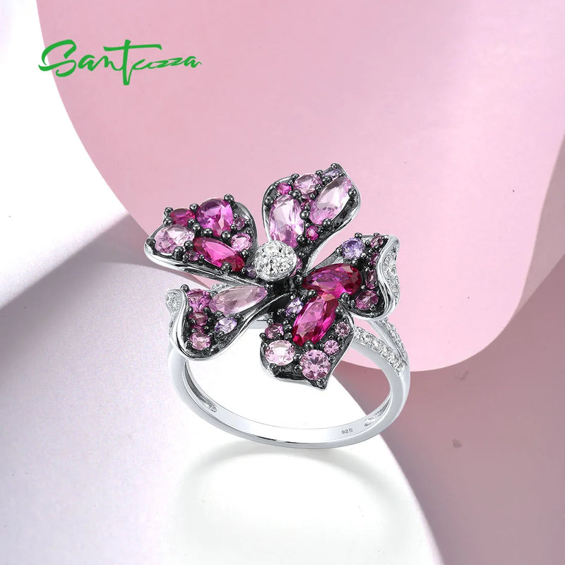 925 Sterling Silver Pink Red Stone Lily Flower Ring for Women