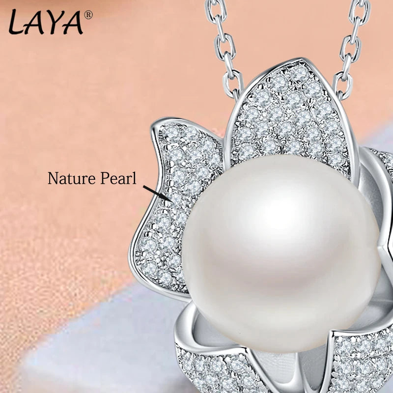 925 Sterling Silver Natural Pearl Flower Pendant Necklace for Women