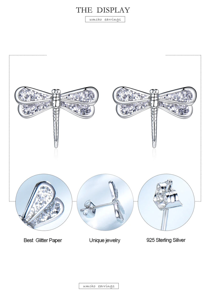 Sterling Silver White Zircon Dragonfly Stud Earrings for Women