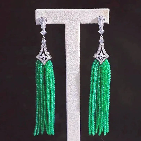 Sterling Silver Green Agate Turquoise Tassel Earrings for Women