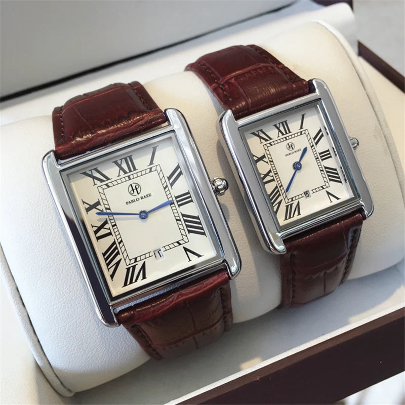 Stainless Steel Luxury Square Wristwatch with Leather Band and Quartz Movement for Women and Men