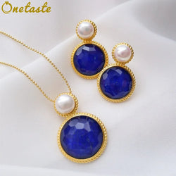 Sterling Silver Gold Plated Lapis Lazuli Pendant Earrings Set for Women