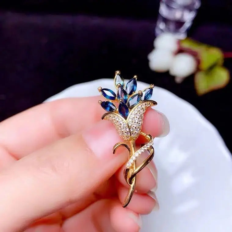 925 Sterling Silver Natural Sapphire Flower Brooch Pins for Women