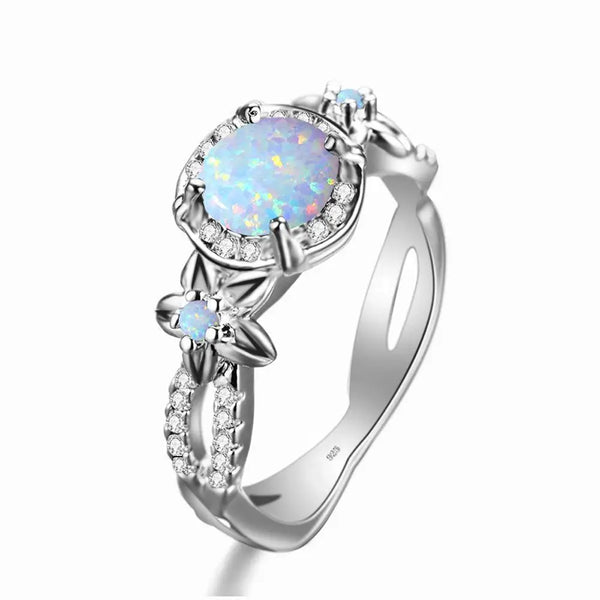 Sterling Silver Flower Opal Ring with Cubic Zirconia for Women