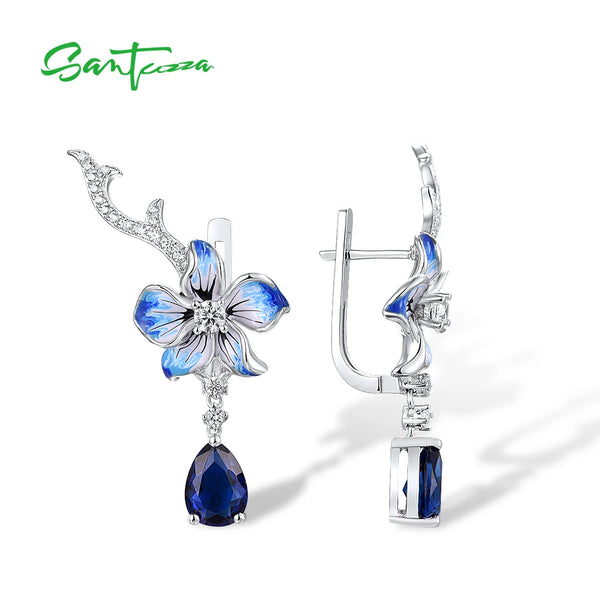 Sterling Silver Blue Stone CZ Flower Earrings for Women