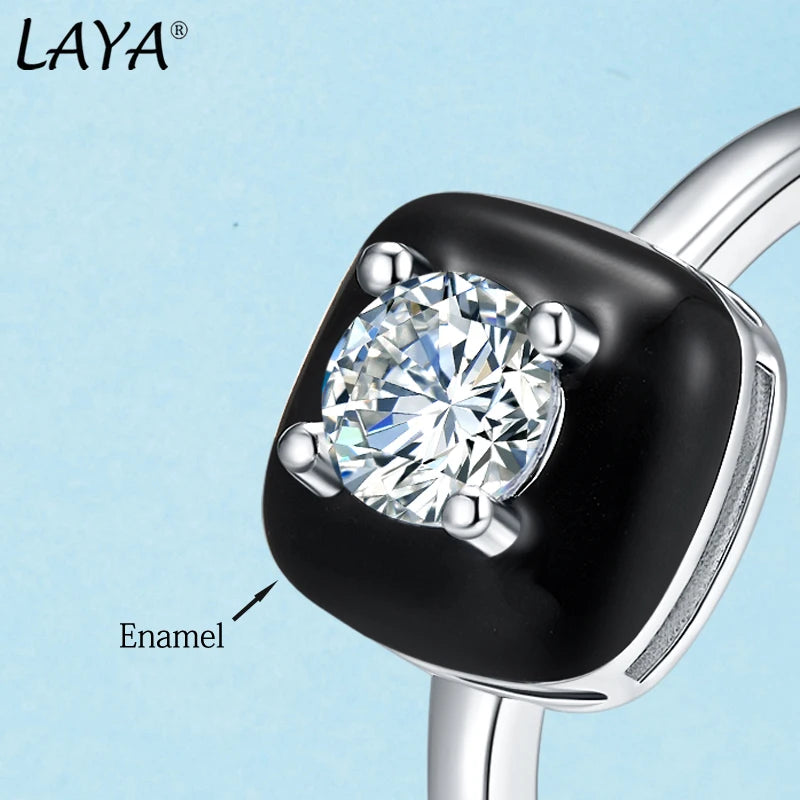 Sterling Silver White Black Enamel Ring with Zircon for Women