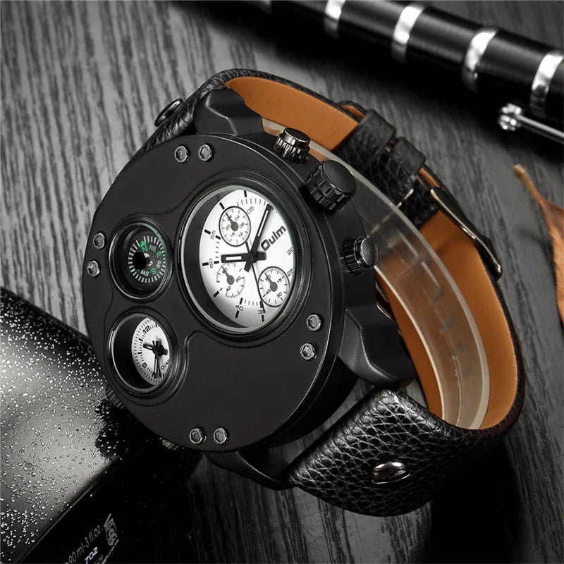 Luxury Sport Wrist Watch with Multiple Time Zones & Genuine Leather Band