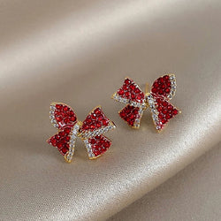 Silver Red Zircon Heart Shape Bow Earrings for Women