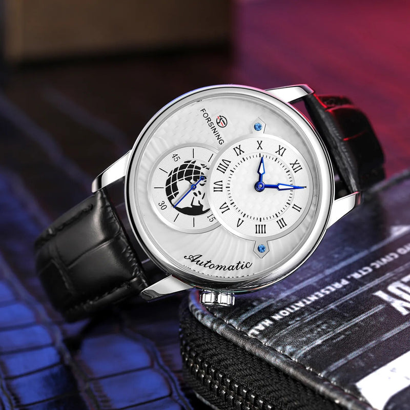 Stainless Steel Double Dial Hollow Mechanical Wristwatch for Men