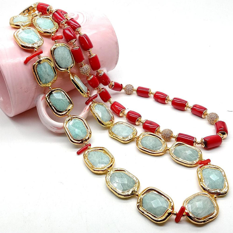 Sterling Silver Red Coral and Green Amazonite Cubic Zirconia Pave Necklace for Women