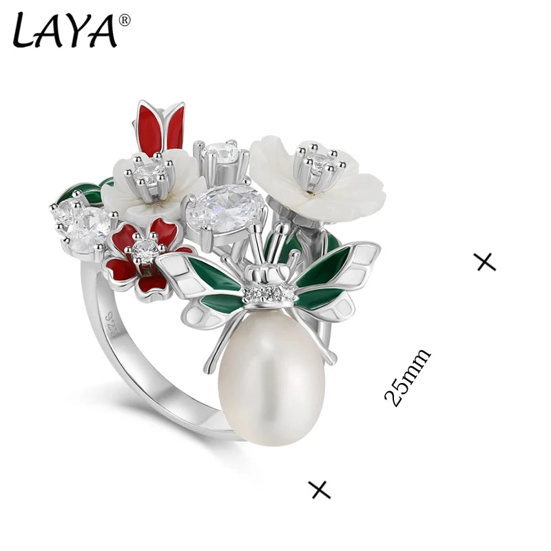 Sterling Silver Natural Pearl Shell Flower Leaf Enamel Ring for Women