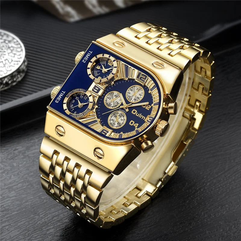 Multifunctional Large Dial Luminous Men's Watch with Gold Steel Belt and Multi-Time Zone Quartz Movement