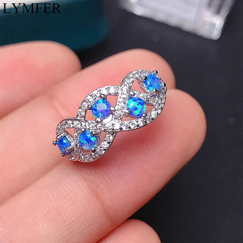 925 Sterling Silver Opal Ring with Blue and Fire Colors for Women